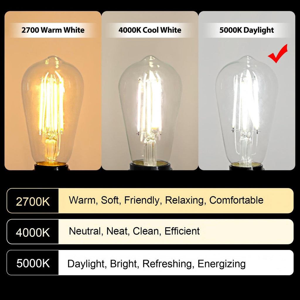 Ascher Vintage LED Edison Bulbs, 6W, Equivalent 60W, Non-Dimmable, Daylight 5000K, 700Lumens, ST58 Antique LED Filament Bulbs with 80+ CRI, E26 Medium Base, Clear Glass, Pack of 4