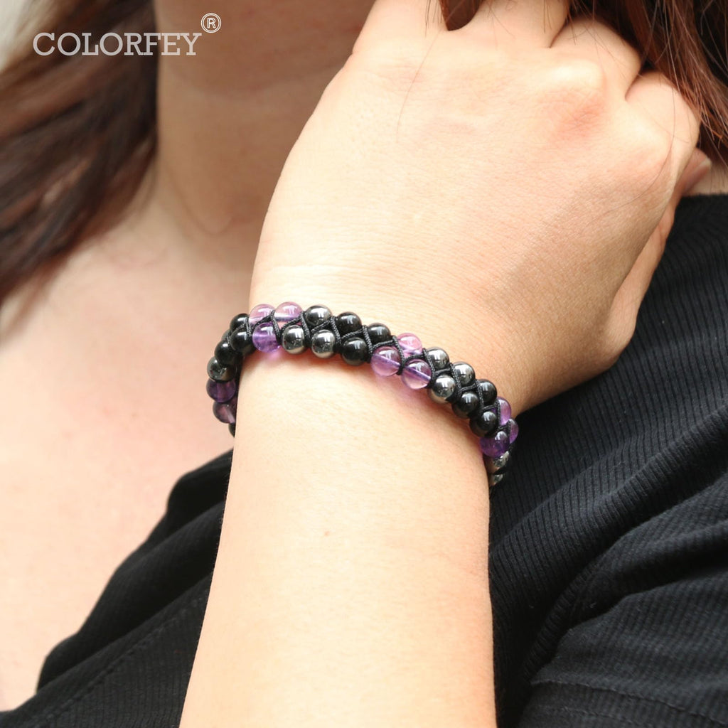 Triple Protection Bracelet for Women, Genuine Healing Crystal Bracelet Amethyst Black Obsidian Hematite 6mm, Pyramid Energy Crystal Beads Bracelets Stone Bracelets for Mom Wife for Protection Balance