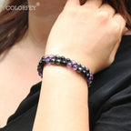 Triple Protection Bracelet for Women, Genuine Healing Crystal Bracelet Amethyst Black Obsidian Hematite 6mm, Pyramid Energy Crystal Beads Bracelets Stone Bracelets for Mom Wife for Protection Balance