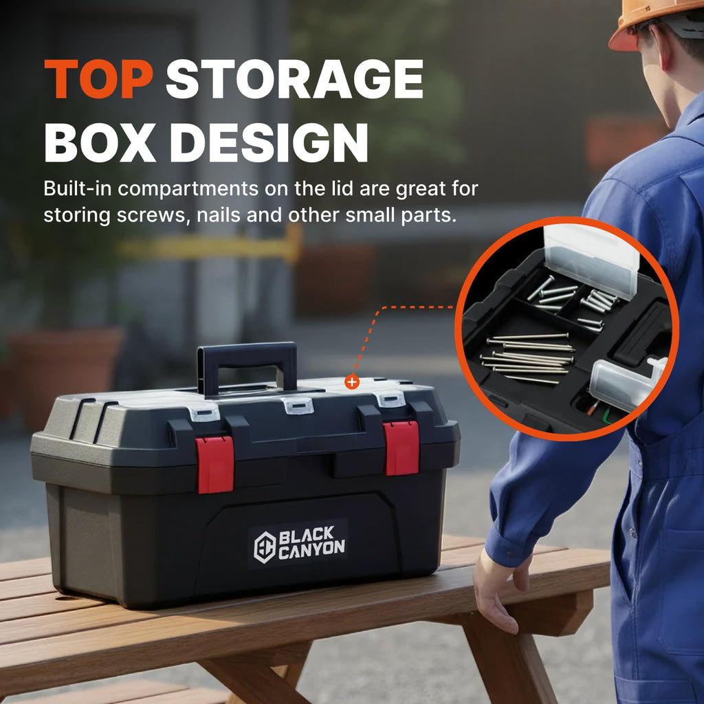 Black Canyon Tool Box - 19 Inch Plastic Dual-Layer Design, 44 lbs Load Capacity Portable Tool Box, Ergonomic Handle, Stackable & Top-Lid Storage, Perfect for DIY, Workshop & Job Site Organization