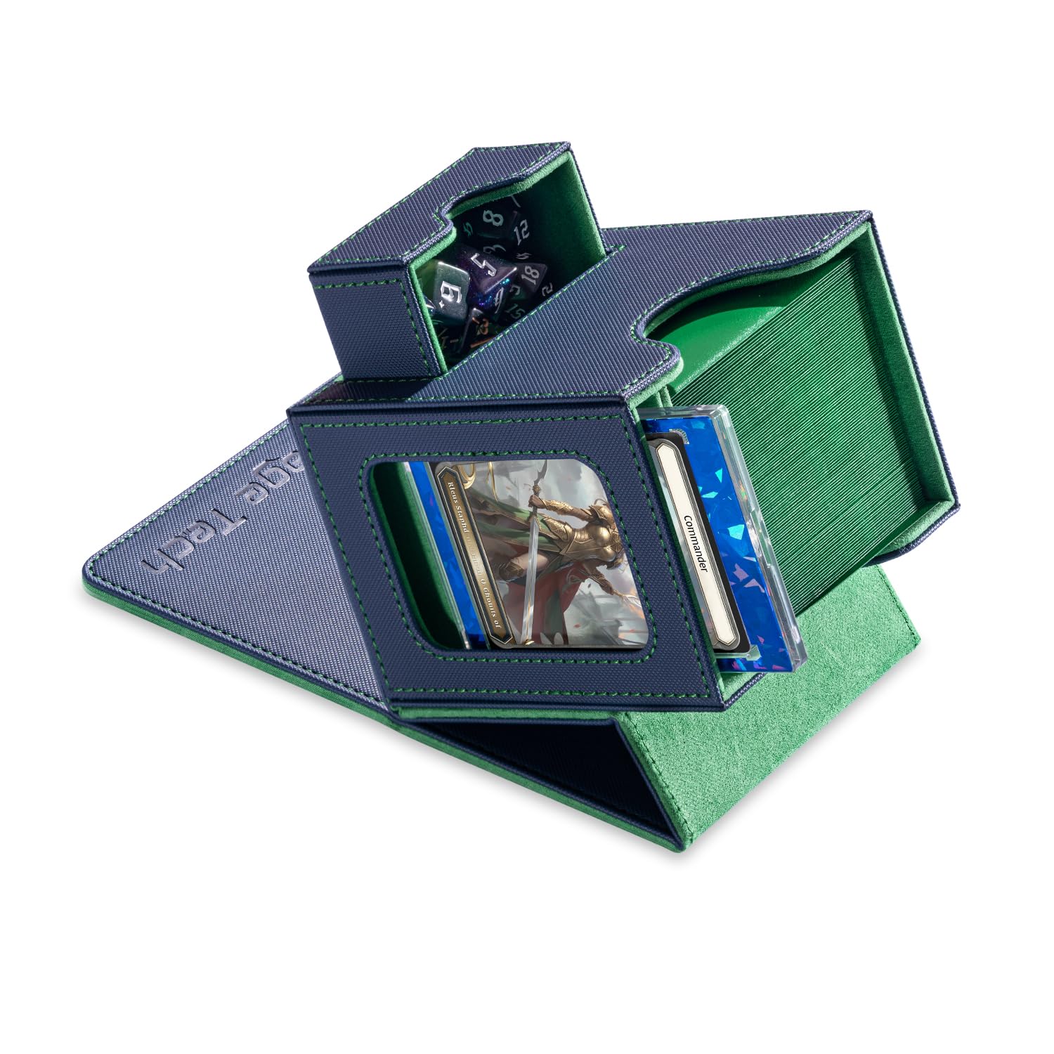 Mage Tech Card Deck Box for MTG Commander - Patented Design, Commander Display, Fits 100 Double-Sleeved Cards, 35pt Card Brick & Dice Tray - Blue/Green
