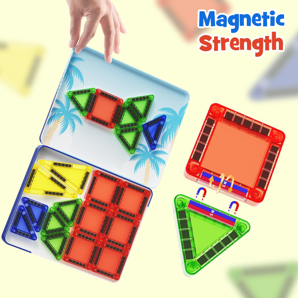 hunloot Magnetic Tiles Mini Building Blocks STEM Toys for 3-8 Year Olds,Travel-Friendly Set with Storage Iron Box,Educational Construction Playset for Toddlers,Birthday Gift for Boys & Girls