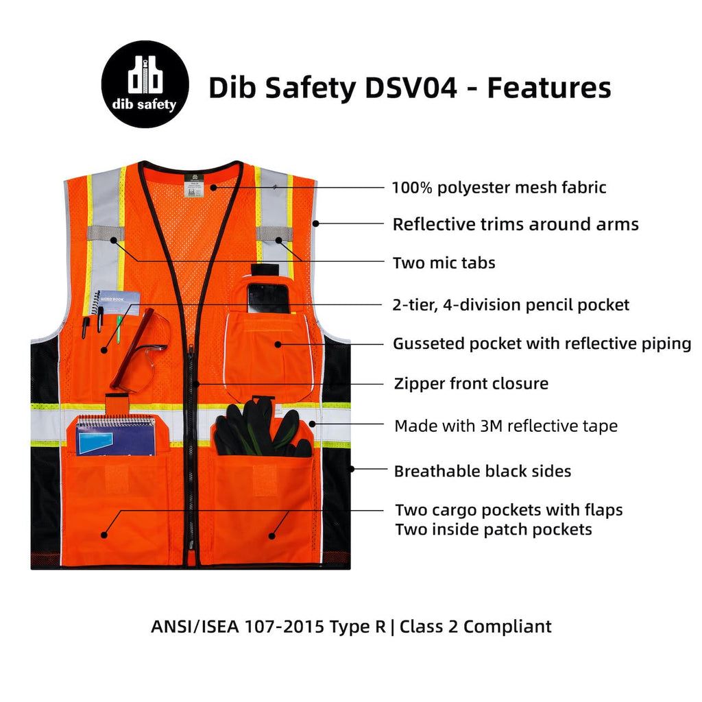 Dib Safety Reflective Vest Orange Mesh, High Visibility Vest with Pockets and Zipper, ANSI Class 2 Heavy Duty, Made with 3M Reflective Tape, M