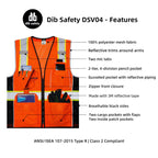 Dib Safety Reflective Vest Orange Mesh, High Visibility Vest with Pockets and Zipper, ANSI Class 2 Heavy Duty, Made with 3M Reflective Tape, M