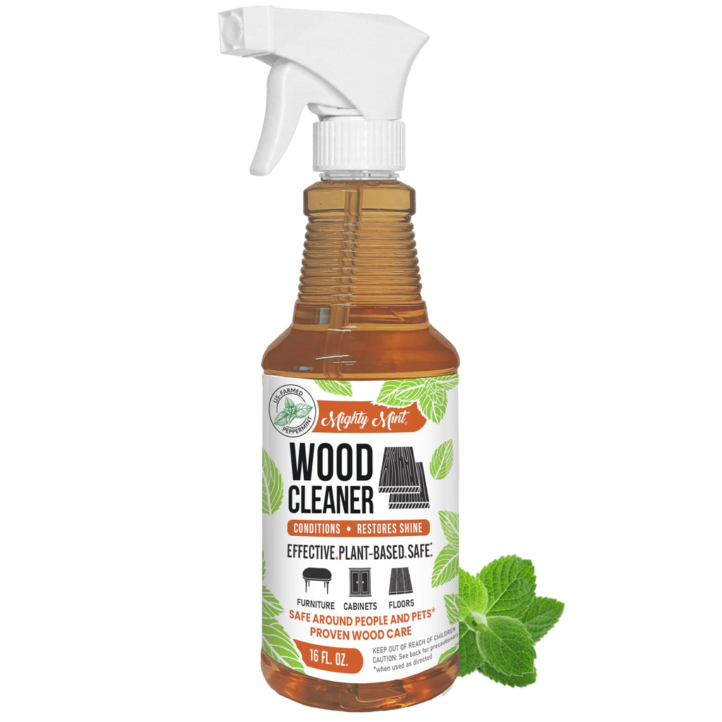 Mighty Mint Wood Cleaner & Conditioner Spray – Plant-Based Formula Cleans, Polishes & Renews Wood Furniture, Cabinets & Floors – Peppermint Scent, 16 oz