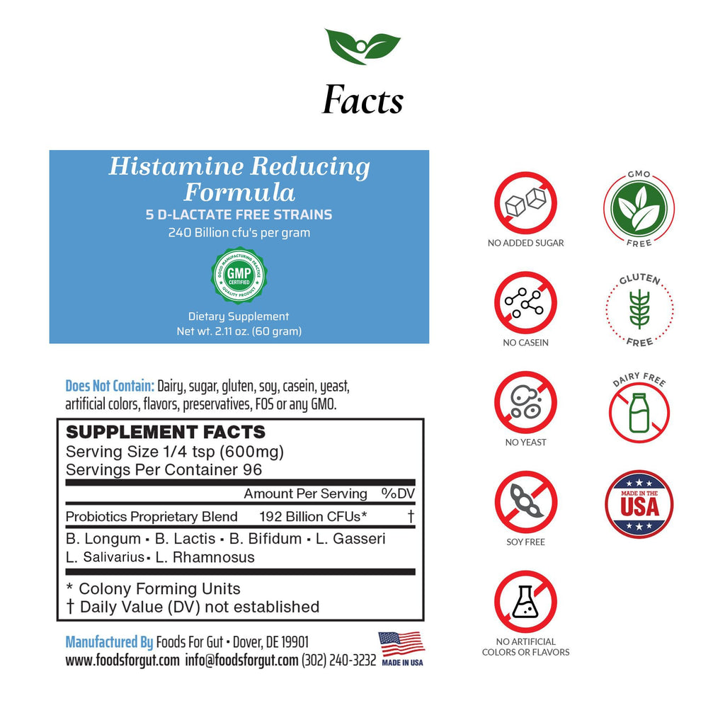 Foods For Gut Histamine & D Lactate Free Probiotics Powder 240 Billion CFU | Made in USA | No Additives | Direct from Manufacturer | No Third-Party Storage | Immune Support | 60 Grams (2.11 OZ)