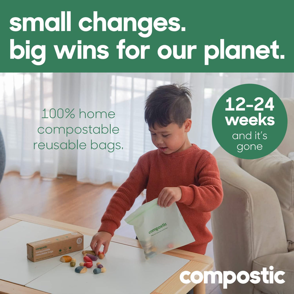 Compostic Compostable XL Sandwich Bags (90 + 10 Count) Everyday Essential — Resealable Zip-Seal, Plant-Based, Home Compostable, Freezer & Microwave Safe, BPA-Free, Non-Toxic, GMO-Free Food Storage Bag