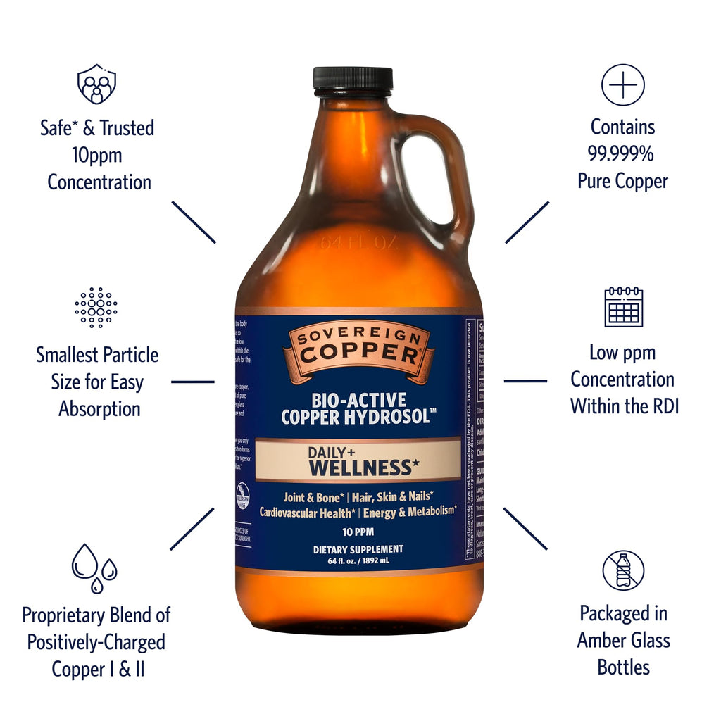 Sovereign Copper Bio-Active Copper Hydrosol, Daily+ 4-in-1 Wellness Supplement for Joint and Bone*, Hair, Skin and Nails*, Cardiovascular Health* and Energy and Metabolism Support*, 64oz