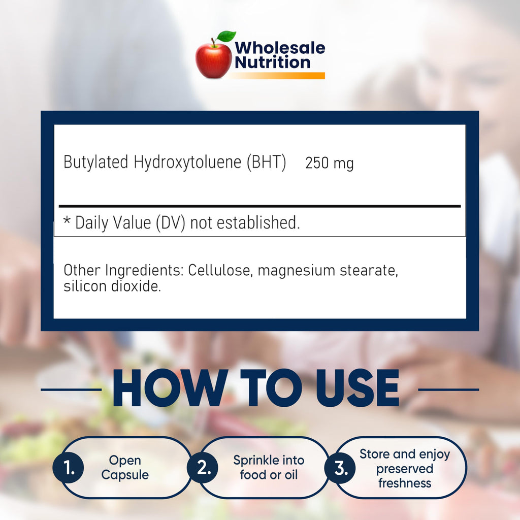 Wholesale Nutrition BHT - 250mg Potent Antioxidant - Non-GMO, Gluten-Free - Enhance Oil/Fat Preservation - Pure Butylated Hydroxytoluene for Foods/Oils - 180 Capsules