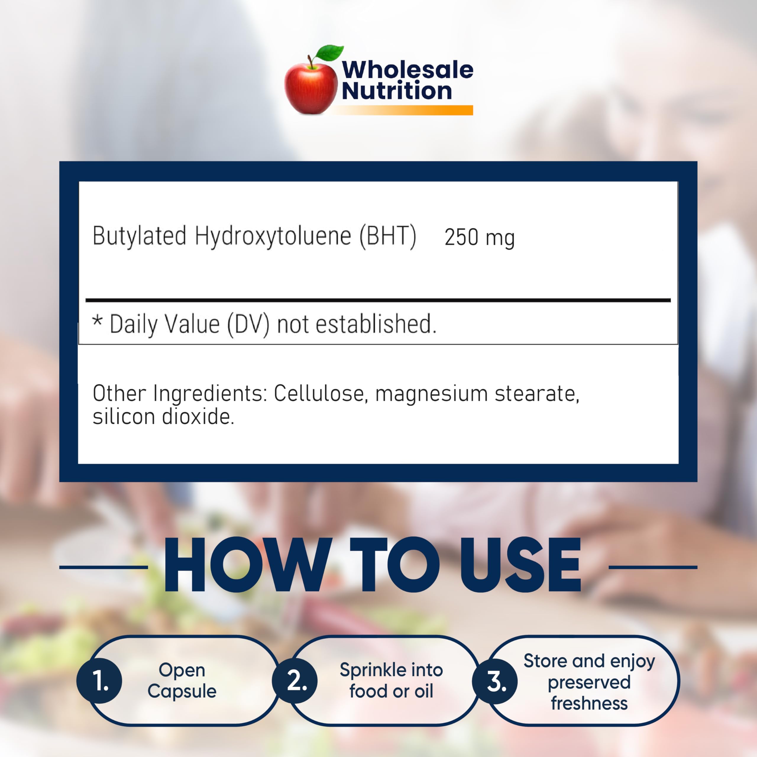 Wholesale Nutrition BHT - 250mg Potent Antioxidant - Non-GMO, Gluten-Free - Enhance Oil/Fat Preservation - Pure Butylated Hydroxytoluene for Foods/Oils - 180 Capsules