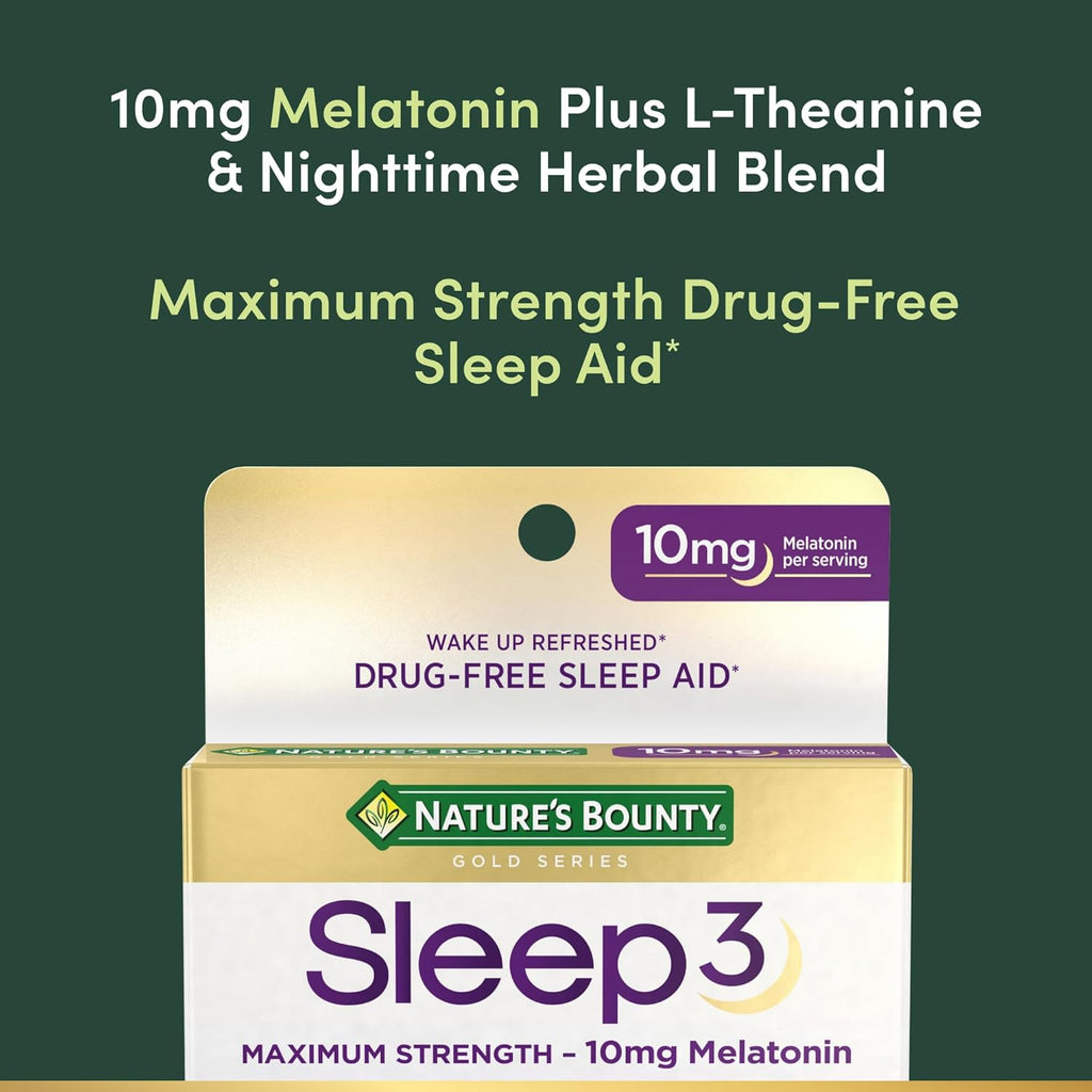 Nature's Bounty Melatonin, Sleep3 Maximum Strength 100% Drug Free Sleep Aid, L-Theanine & Nighttime Herbal Blend Time Release Technology, 10mg, 30 Tri-Layered Tablets (Pack of 3)