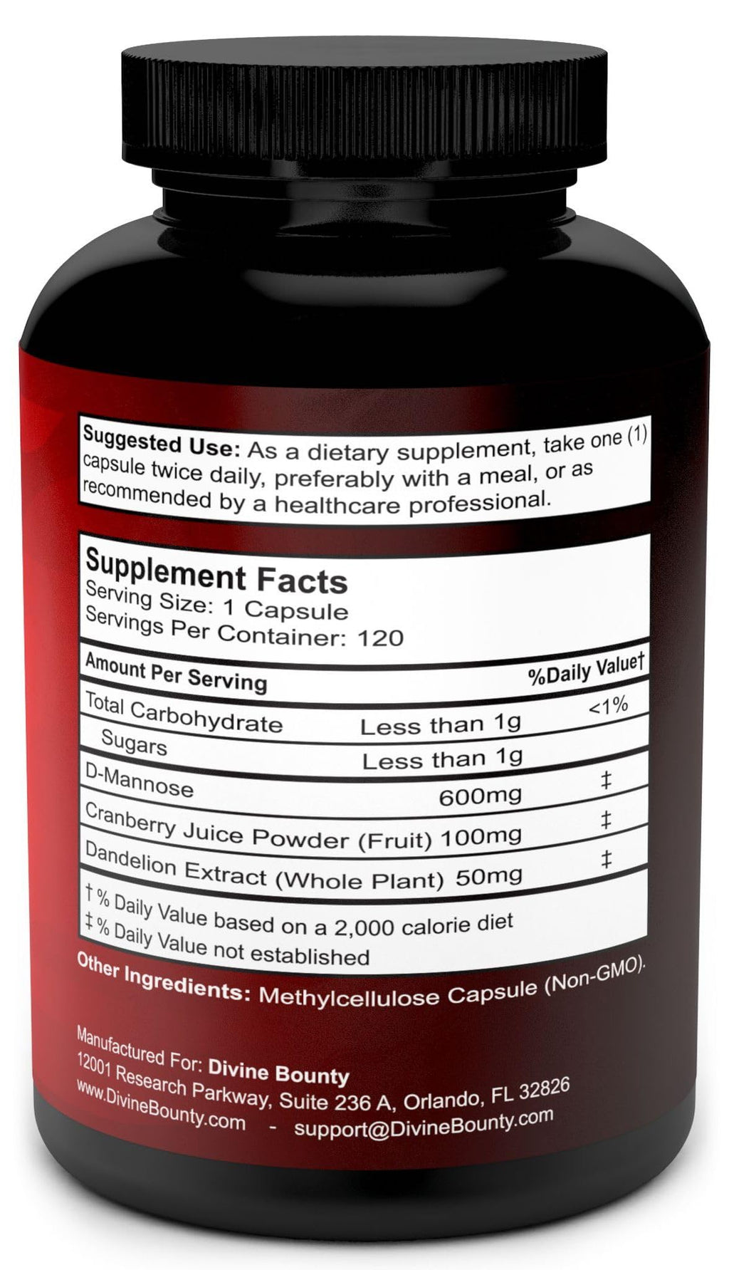 Divine Bounty D-Mannose Capsules - 600mg D Mannose Powder per Capsule with Cranberry and Dandelion Extract to Support Normal Urinary Tract Health - 120 Veggie Capsules