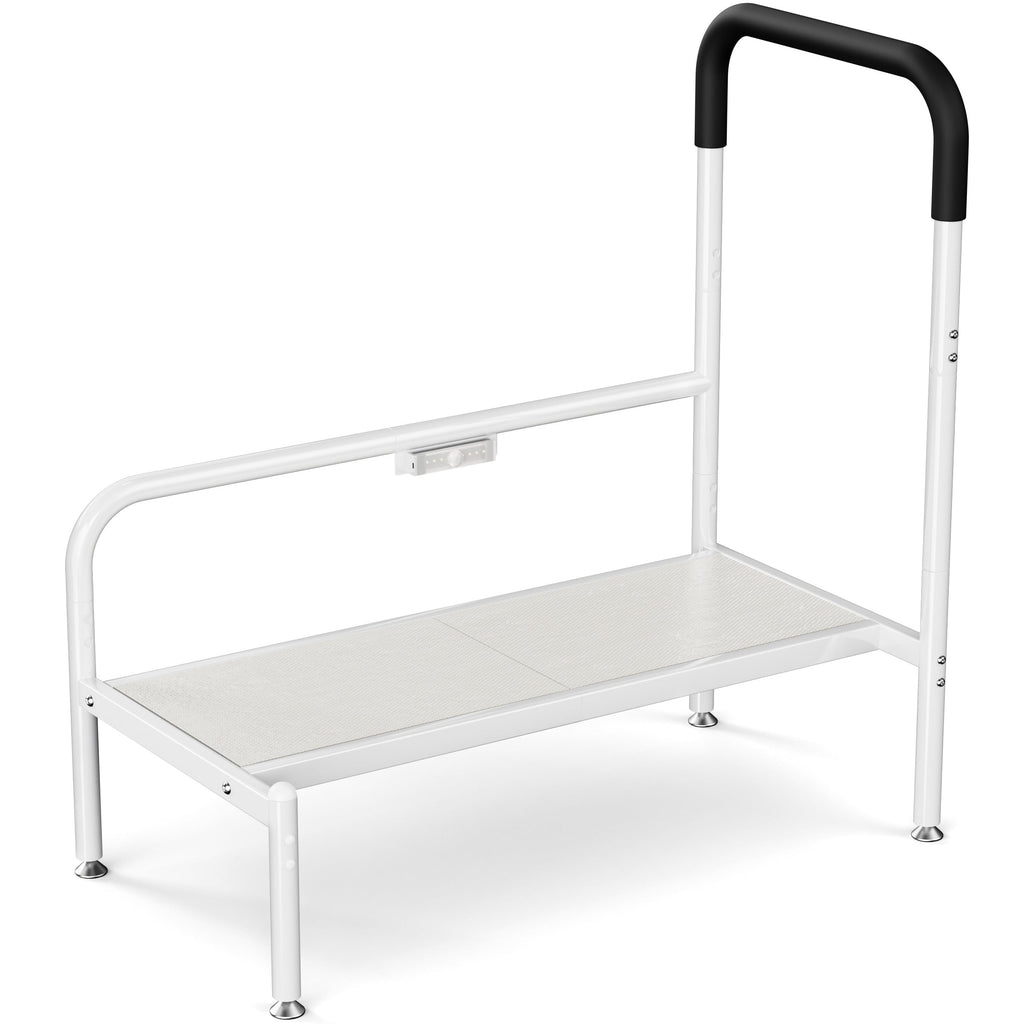 Josmimic Bed Step Stool for Adults, Bedside Steps for Elderly Seniors with Non-Slip Handle & LED Light, Stable Assist Rail for High Beds