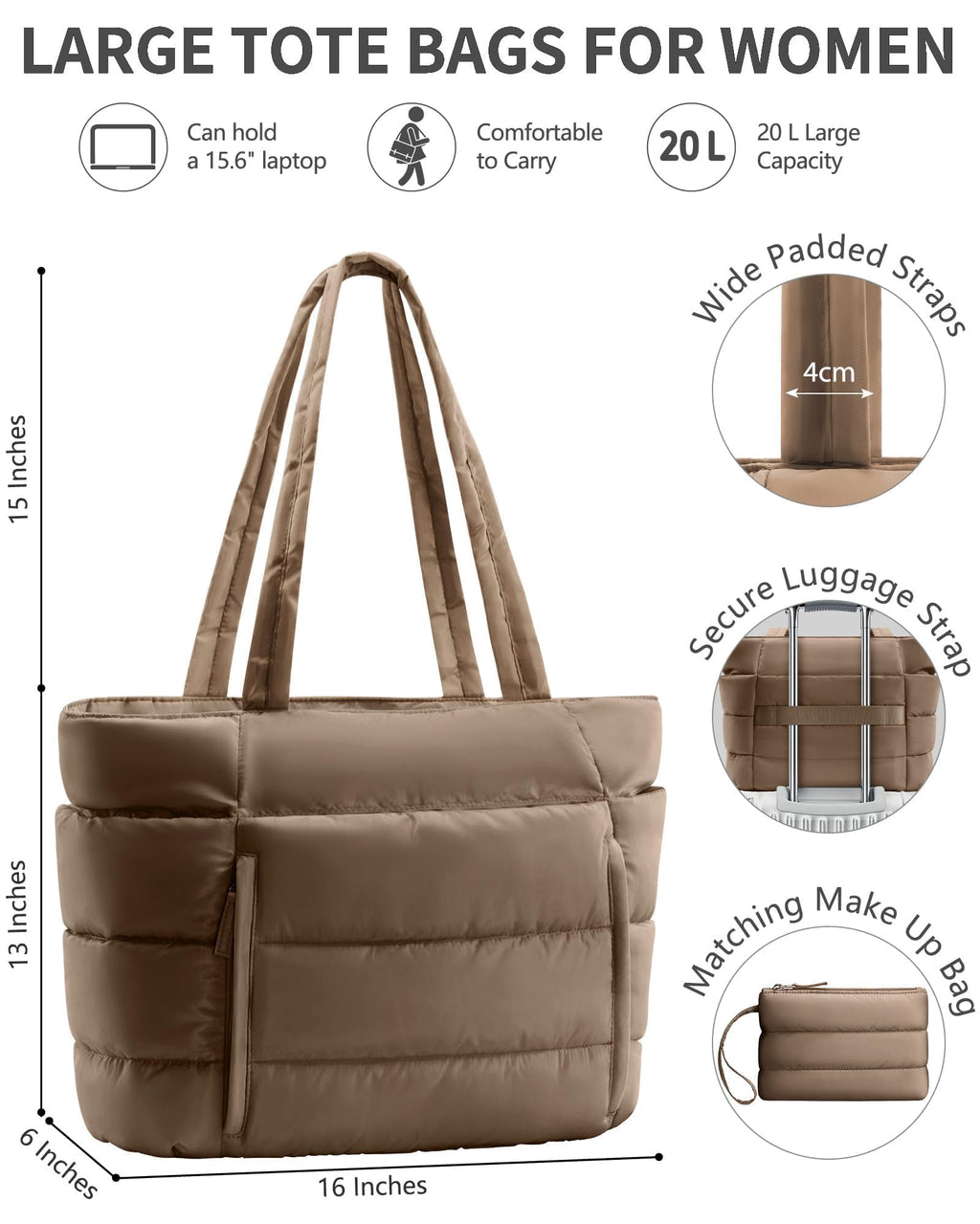 Bagstellar Puffer Tote Bag for Women, Lightweight Puffy Work Tote Handbag