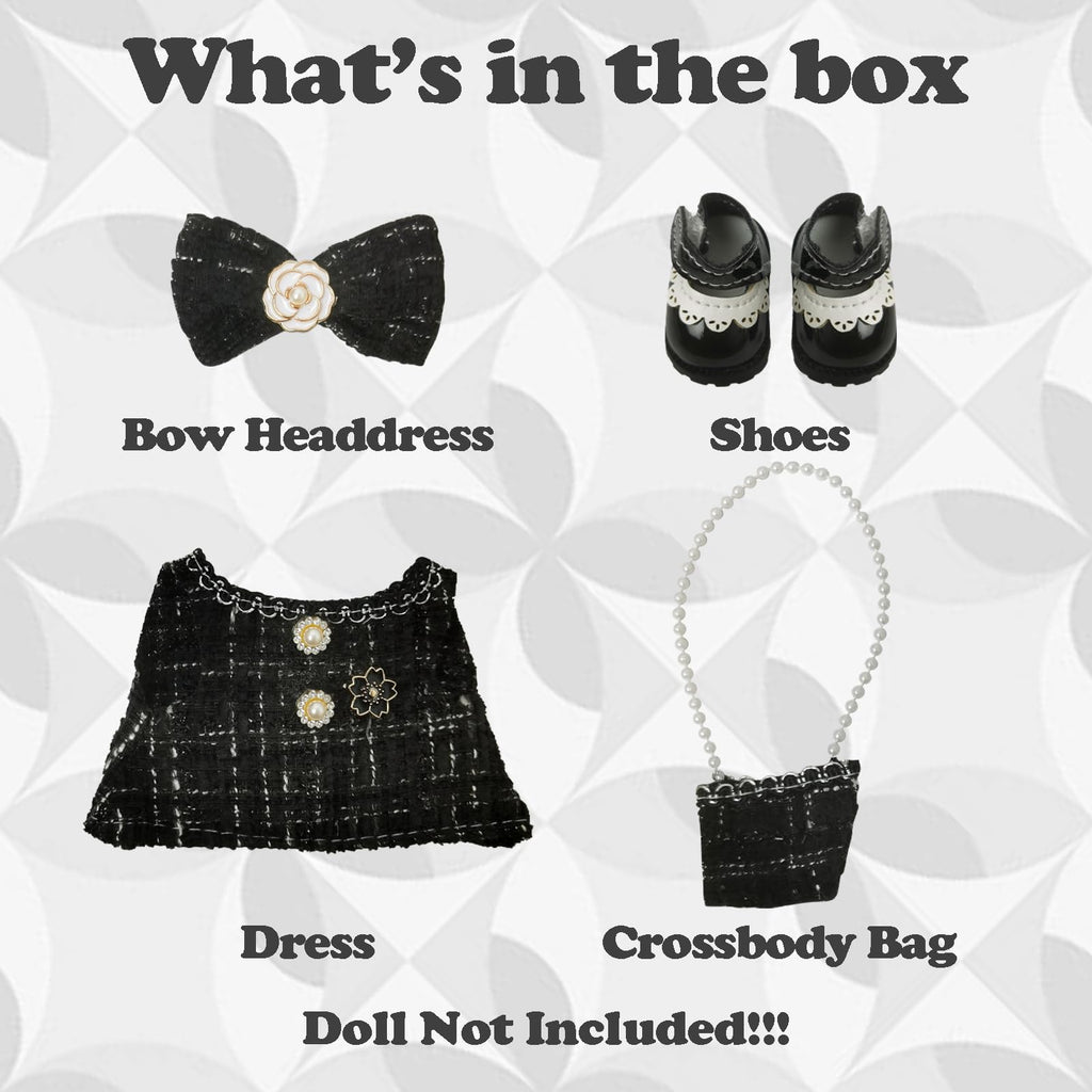 Clothes Compatible with LABUBU Doll – 4PCS Black Tweed Dress Set, 17cm Doll Clothes Designer Outfit for Classic Dinner Party Theme, Stylish Accessories for Labubu, No Doll (Midnight Tweed Charm)