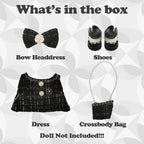 Clothes Compatible with LABUBU Doll – 4PCS Black Tweed Dress Set, 17cm Doll Clothes Designer Outfit for Classic Dinner Party Theme, Stylish Accessories for Labubu, No Doll (Midnight Tweed Charm)