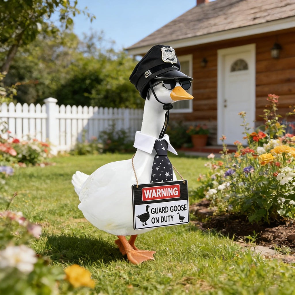 yuboo 4Pcs Police Officer Porch Goose Outfit, Funny Guard Goose Clothes for 23 Inch Large Geese, Includes Hat Sunglasses Tie & Warning Sign, 4th of July Summer Garden Yard Decor