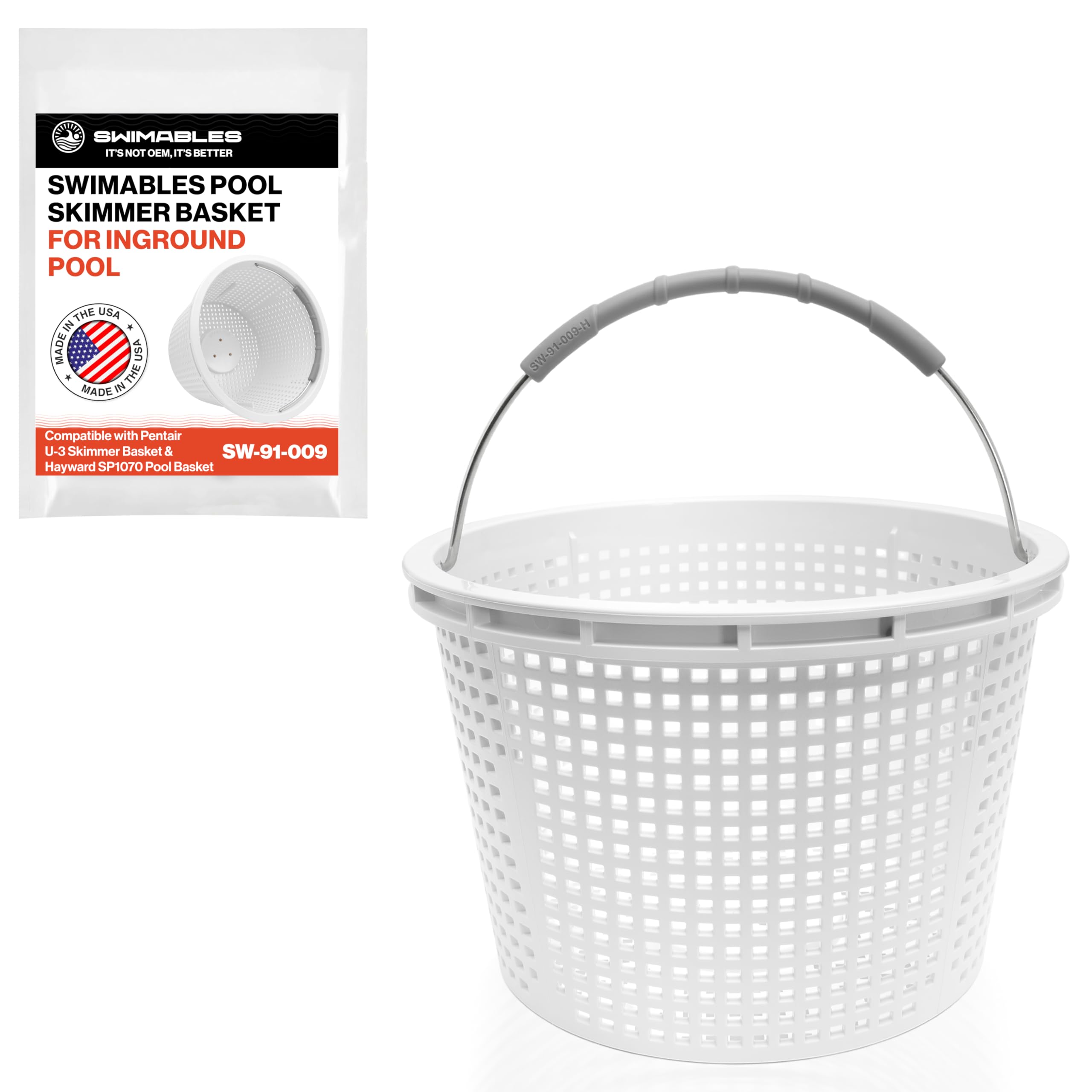 Swimables Pool Skimmer Basket for Inground Pool Compatible with Pentair U-3 Skimmer Basket and Hayward SP1070 Pool Basket | Built-in Brass Weight | 316 Stainless Steel Handle & Convenient Rubber Grip