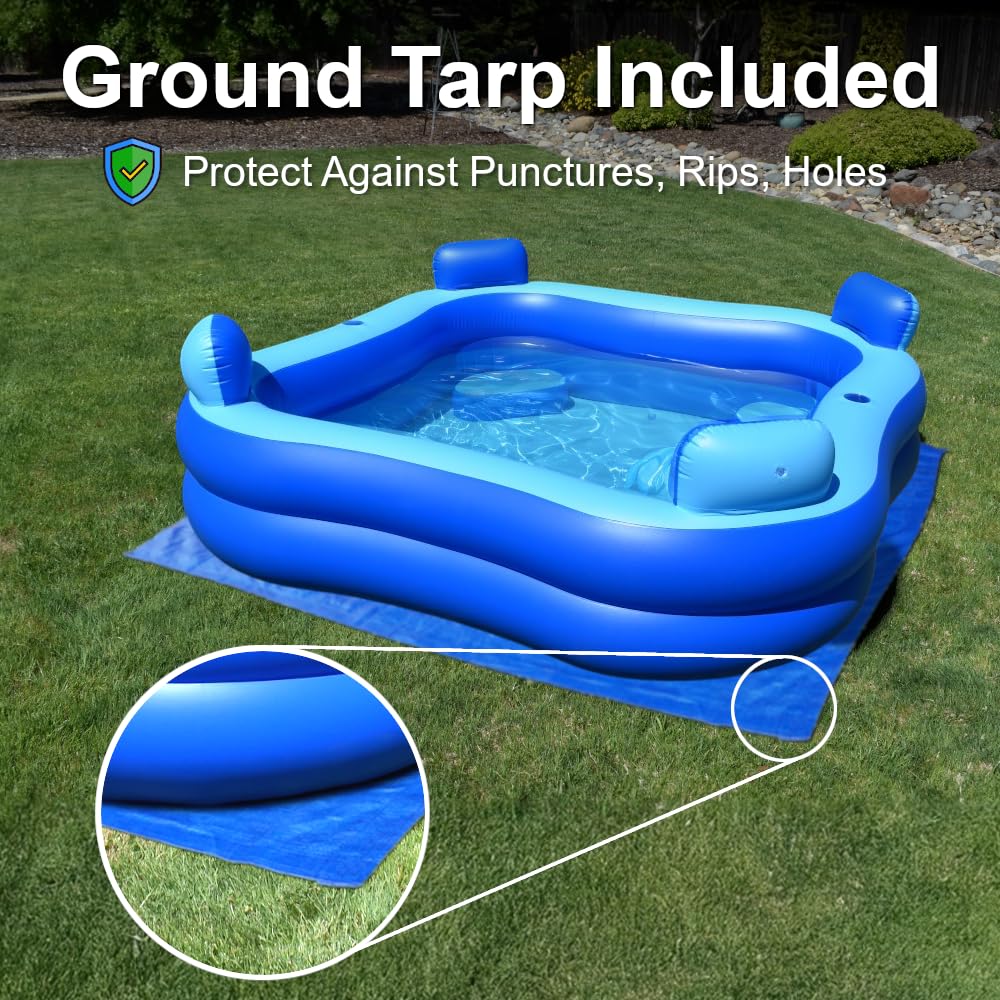 Rukala Inflatable Pool Bundle with Seats & Headrests - 8ft x 8ft - Electric Pump and Ground Tarp Included - Fast Setup and Reinforced Seams