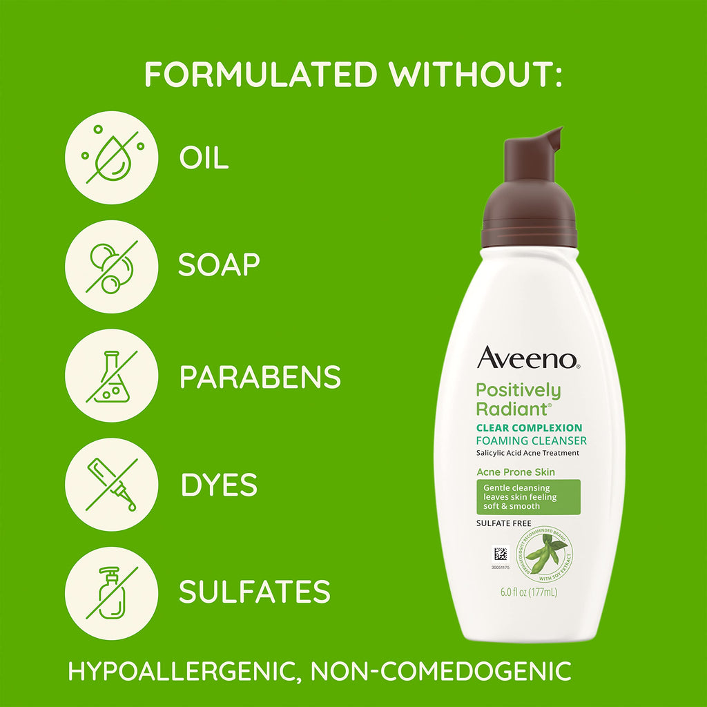 Aveeno Clear Complexion Foaming Oil-Free Facial Cleanser with Salicylic Acid Acne Medication for Breakout-Prone Skin & Soy Extracts, Hypoallergenic & Non-Comedogenic, 6 fl. oz, Pack of 3