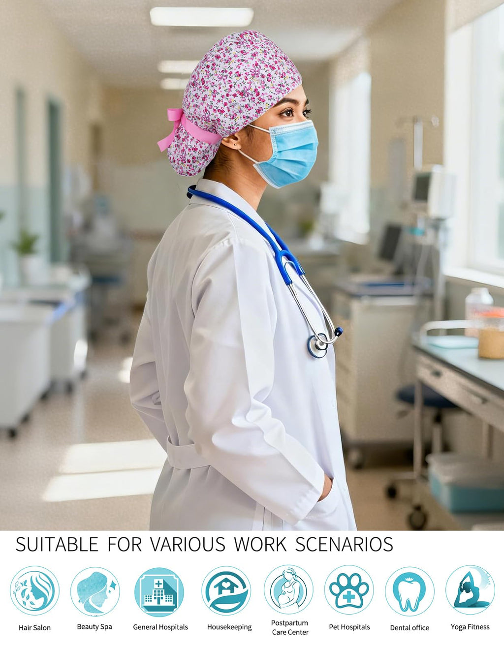 Satin Lined Scrub Cap Women with Ponytail Hole & Buttons,Adjustable Surgical Nurse Hat with Cotton Sweatband for Long Hair (Pink Small Floral)