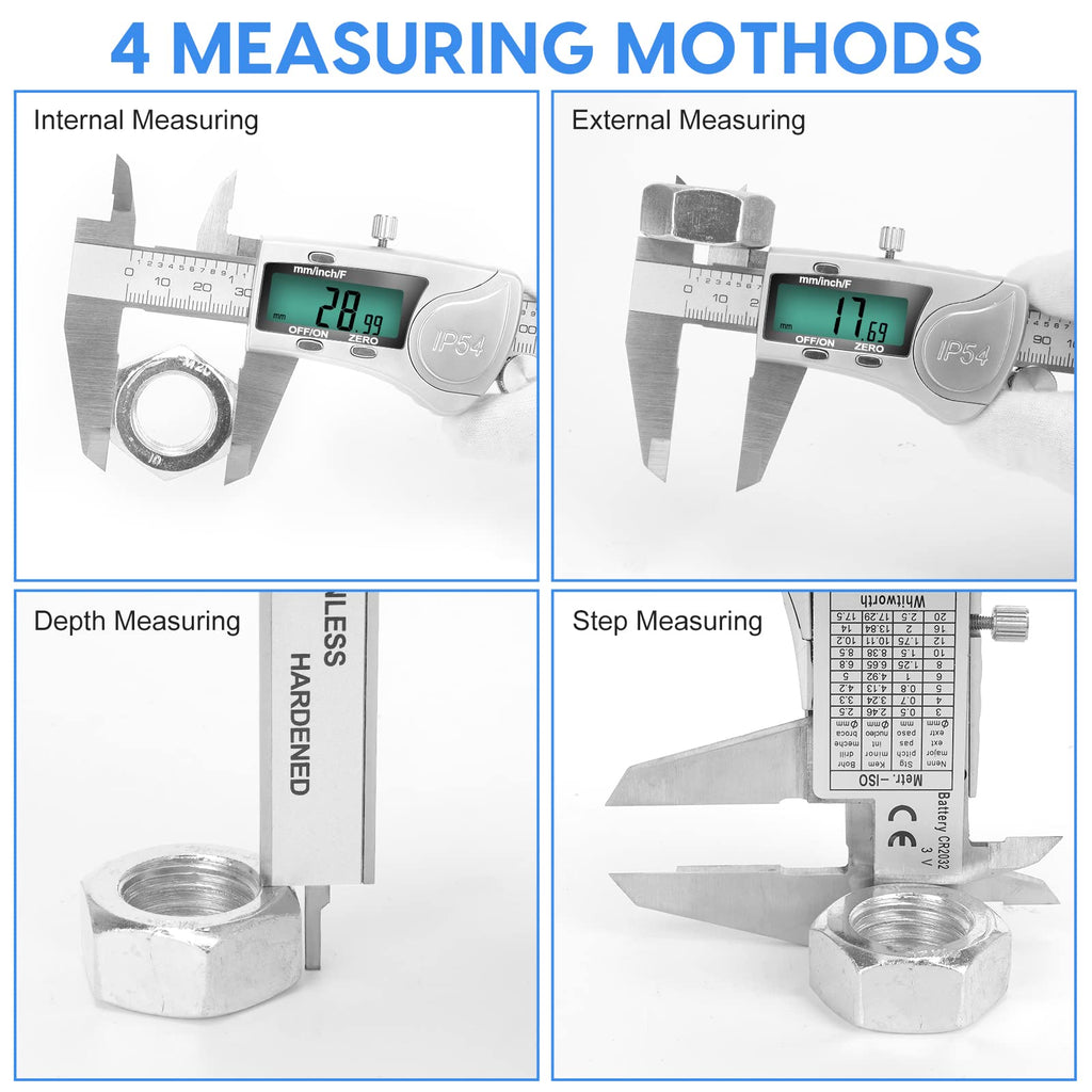 Digital Caliper Measuring Tool, IP54 Waterproof Electronic Micrometer Caliper, Stainlee Steel Vernier Caliper with Large LCD Screen, Inch Metric Fraction Conversion, 6 Inch for Household/DIY
