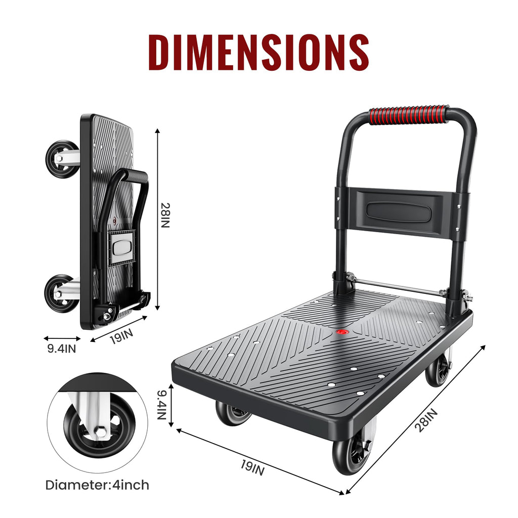 TIDY PALM Upgraded Foldable Push Cart Dolly | 660 lbs.Capacity Moving Platform Hand Truck | Foldable for Easy Storage | 4'' PU 360 Degree Swivel Silent Wheel-Black