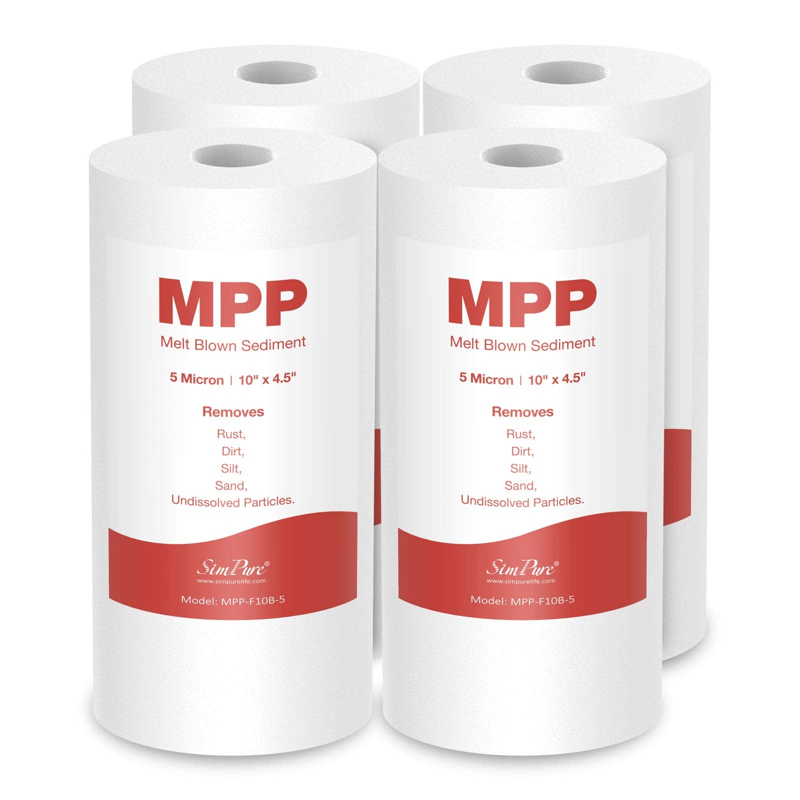 SimPure Sediment Water Filters, 5 Micron 10" x 4.5" Whole House Water Filter Replacement Compatible for W15-PR, DGD-5005, FP15B, HD-950A, GXWH35F, GXWH30C for Well Water, 4 Pack