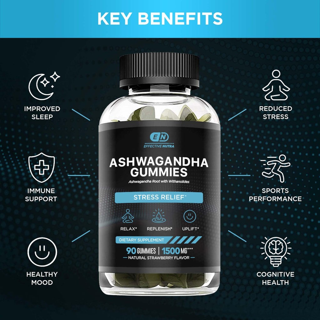 Effective Nutra Ashwagandha Gummies 1500mg – Extra Strength Stress & Sleep Support – 90-Day Supply, Just 2 Gummies Daily – Vegan, Non-GMO, Third-Party Tested – Made in USA (2-Pack)