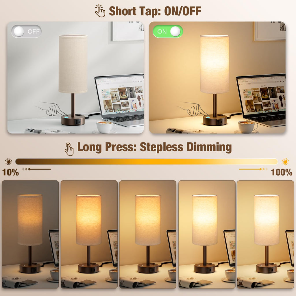 Touch Bedside Table Lamp with Memory - Stepless Dimmable Lamp for Bedroom, Small Nightstand Lamp with Dual USB Charging Ports and AC Outlet, Wood Night Light, Deak Lamp for Nursery (Beige & Brown)
