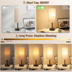 Touch Bedside Table Lamp with Memory - Stepless Dimmable Lamp for Bedroom, Small Nightstand Lamp with Dual USB Charging Ports and AC Outlet, Wood Night Light, Deak Lamp for Nursery (Beige & Brown)
