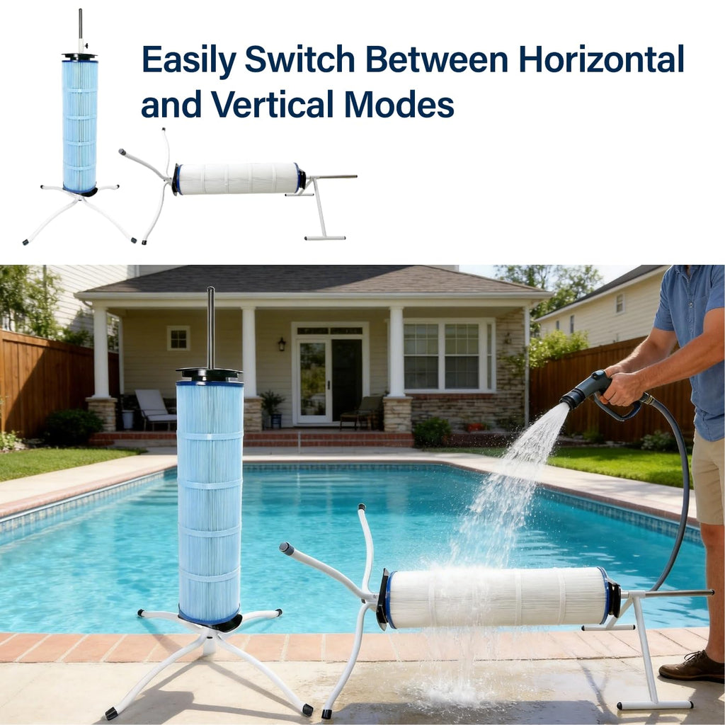Vootenec Dual Vertical/Horizontal Pool Filter Cleaner Stand Tool - Boosts Cleaning Speed, Universal Fit for 3", 4", 6" Filter Cartridges