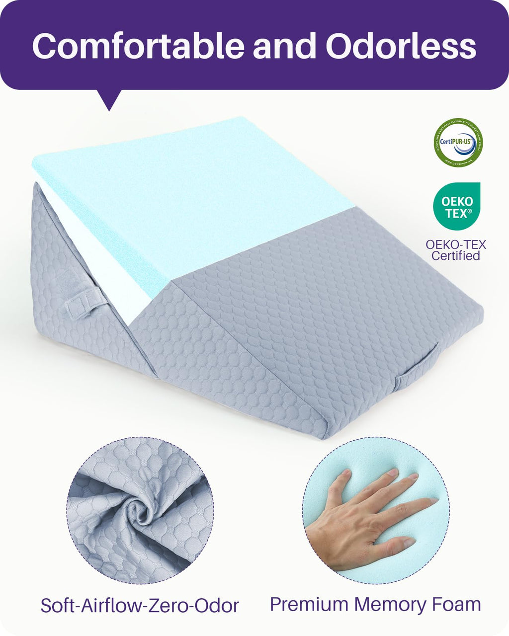Kekoy Adjustable 9 & 12 Inch Wedge Pillow for Sleeping Apnea, Acid Reflux Relief, Back Pain, Snoring & Post Surgery Recovery, Memory Foam Bed Wedge Pillow with Removable Washable Cover & Handle-Grey