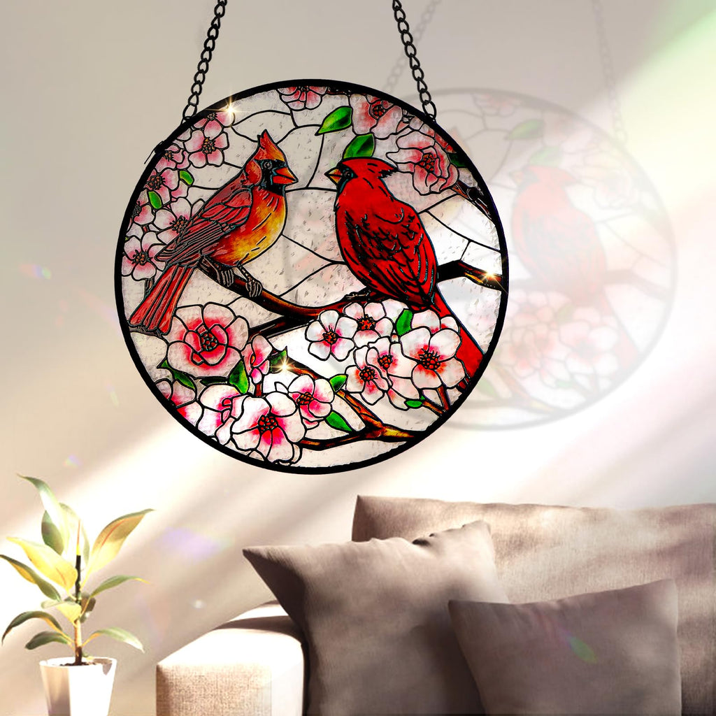 Remiawy Cardinal Stained Glass Window Hanging, 8 Inch Sun Catcher Glass Panel with Metal Chain and Hooks Suncatcher Indoor Window Wall Art Home Decor Gift for Bird Lovers Women Mother's Day Christmas