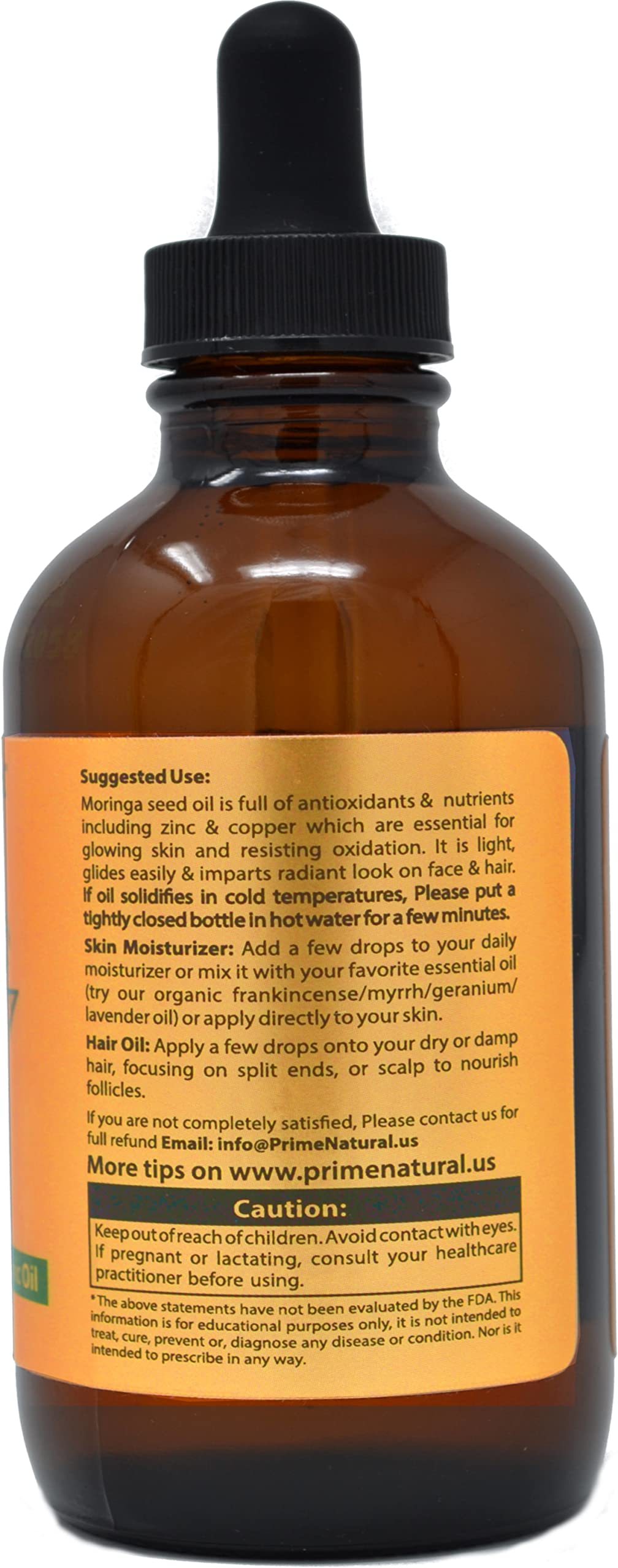 PRIME NATURAL Organic Moringa Oil USDA Certified, 100% Pure, Cold Pressed, Virgin, Unrefined Oil (4oz /120ml) - Joints, Skin, Face, Body & Hair - Vegan - Food Grade - Natural Moisturizer