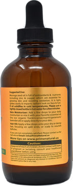 PRIME NATURAL Organic Moringa Oil USDA Certified, 100% Pure, Cold Pressed, Virgin, Unrefined Oil (4oz /120ml) - Joints, Skin, Face, Body & Hair - Vegan - Food Grade - Natural Moisturizer