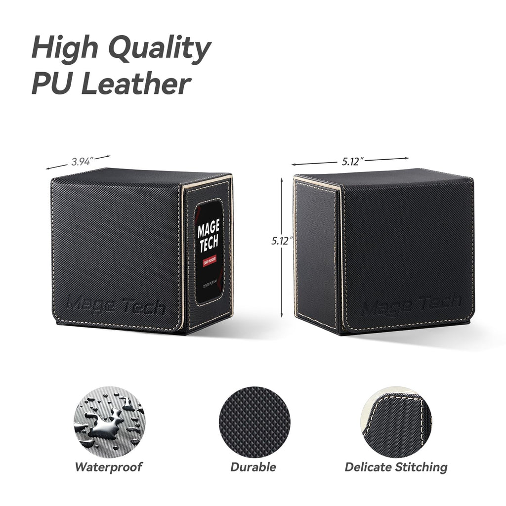 Mage Tech Card Deck Box for MTG Commander - Patented Design, Commander Display, Fits 100 Double-Sleeved Cards, 35pt Card Brick & Dice Tray - Black/Pale Gold