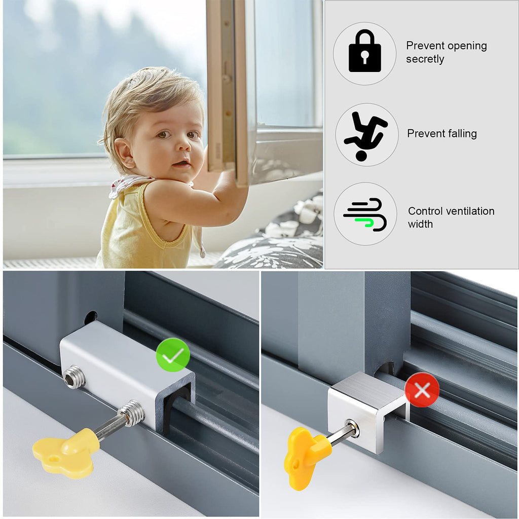 Window Locks,12 Sets Sliding Security Window Lock with Key for Vertical & Horizontal Sliding Windows & Sliding Doors, Adjustable Window Locks Security Window Stoppers for Patio Bedroom Home and Office