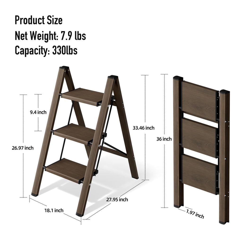 Mayi Plus 3 Step Ladder,Aluminum Folding Step Stool for Adults,Step Ladder with Wide Anti-Slip Pedal,330 lbs Capacity for Home,Office,Kitchen,Library(Walnut)