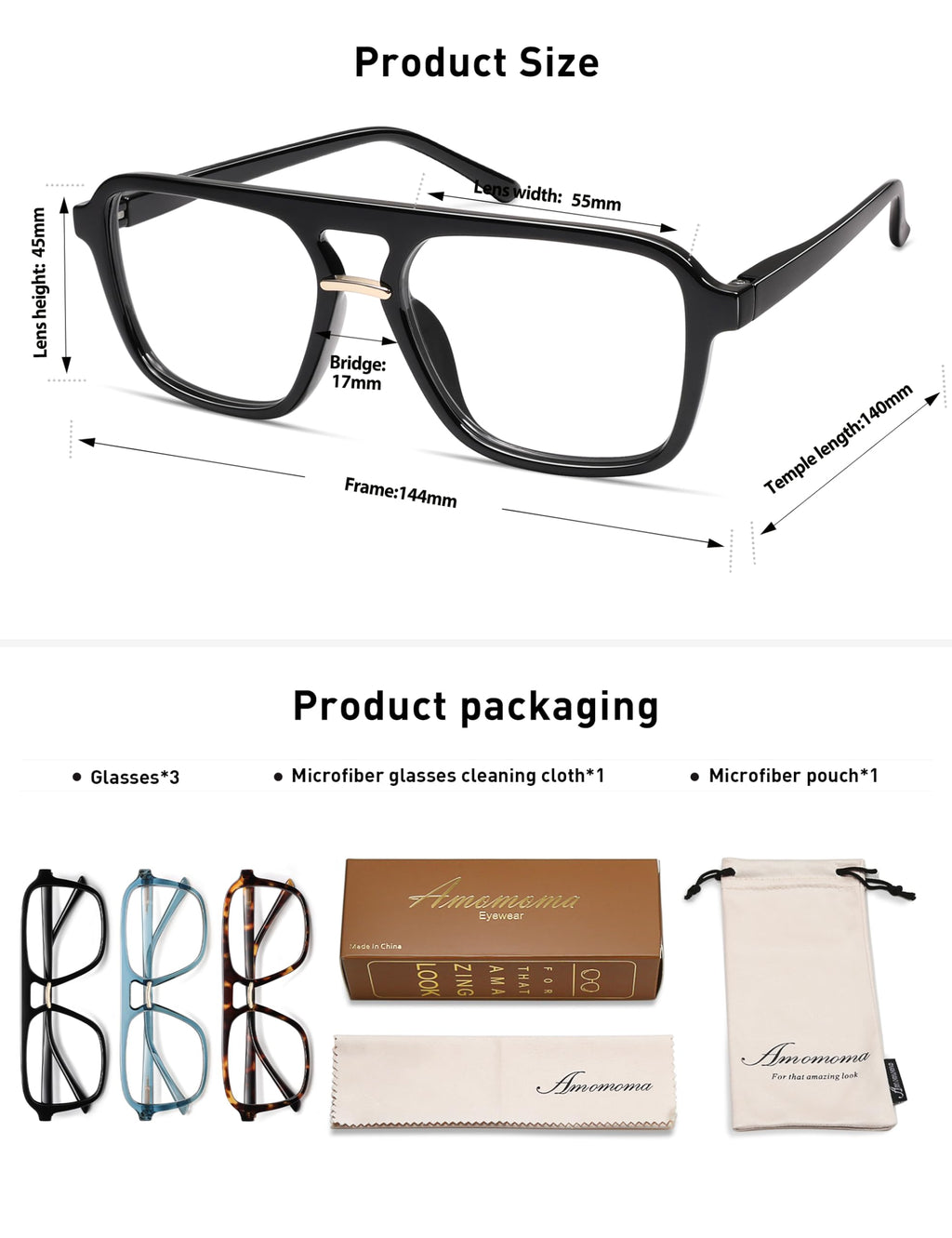 AMOMOMA 3 Pack Trendy Aviator Reading Glasses for Women Men Stylish Square Blue Light Blocking Readers AM6164 Mix (+1.50 Magnification Strength)