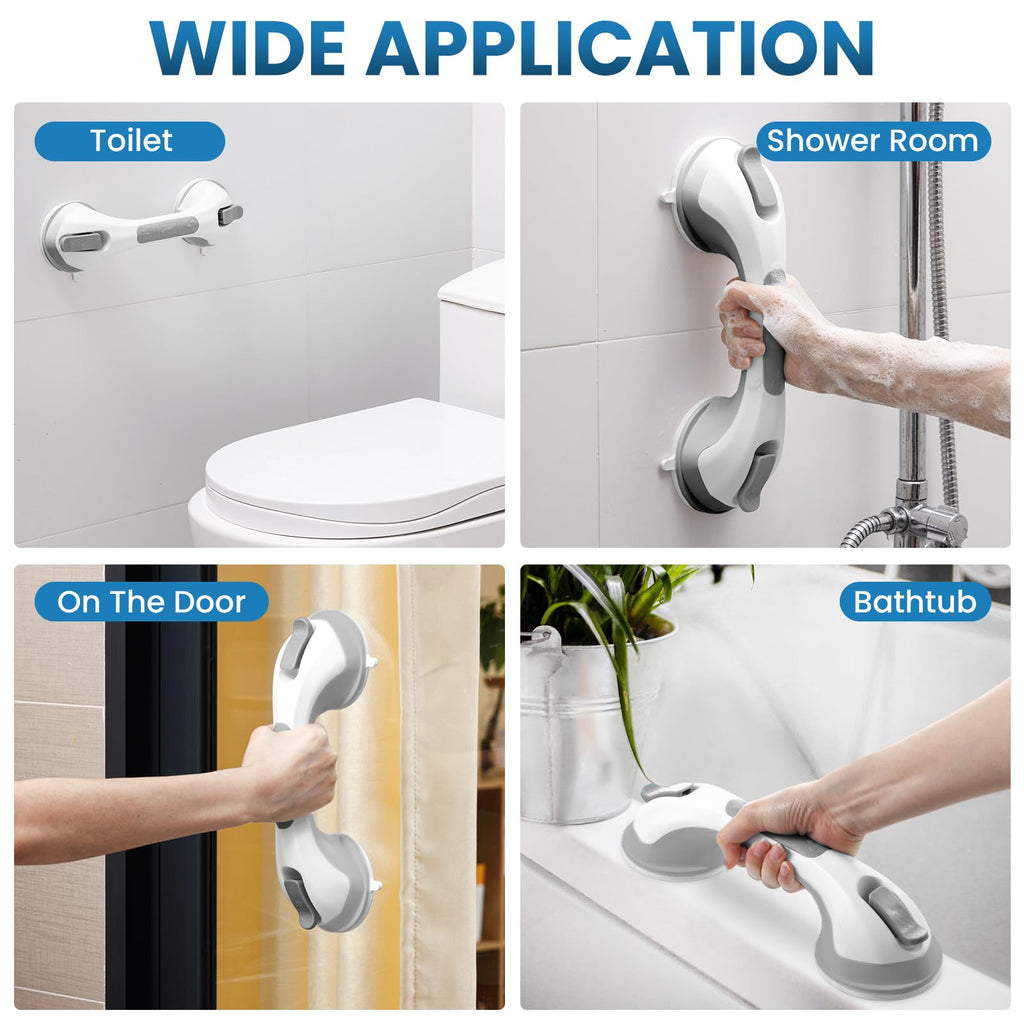 LEVERLOC Shower Grab Bar, 12 Inch Suction Grab Bars for Bathtubs, Shower Handle Handrail for Seniors Bathroom Safety Grip for Elderly, Heavy Duty No Drilling Removable,Grey