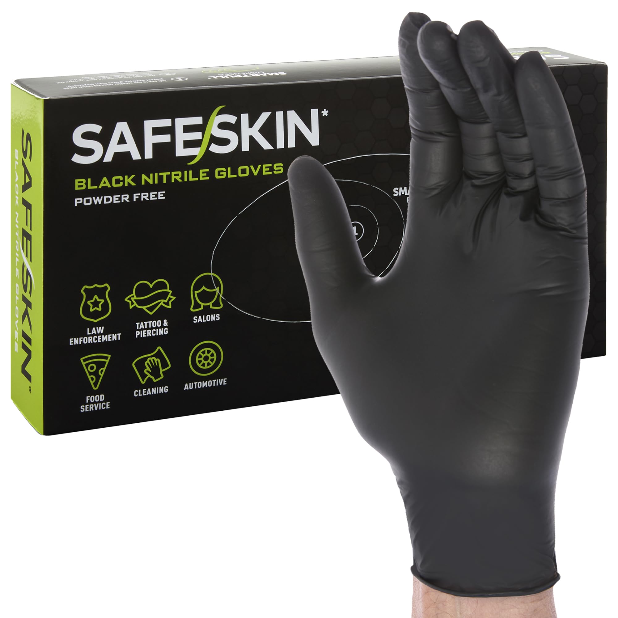 SAFESKIN Black Nitrile Disposable Gloves Powder Free Latex Free Tattoo, Food Prep, Auto Salons, Cleaning, Law Enforcement, 3.5 mil, Size Large, Case of 1000