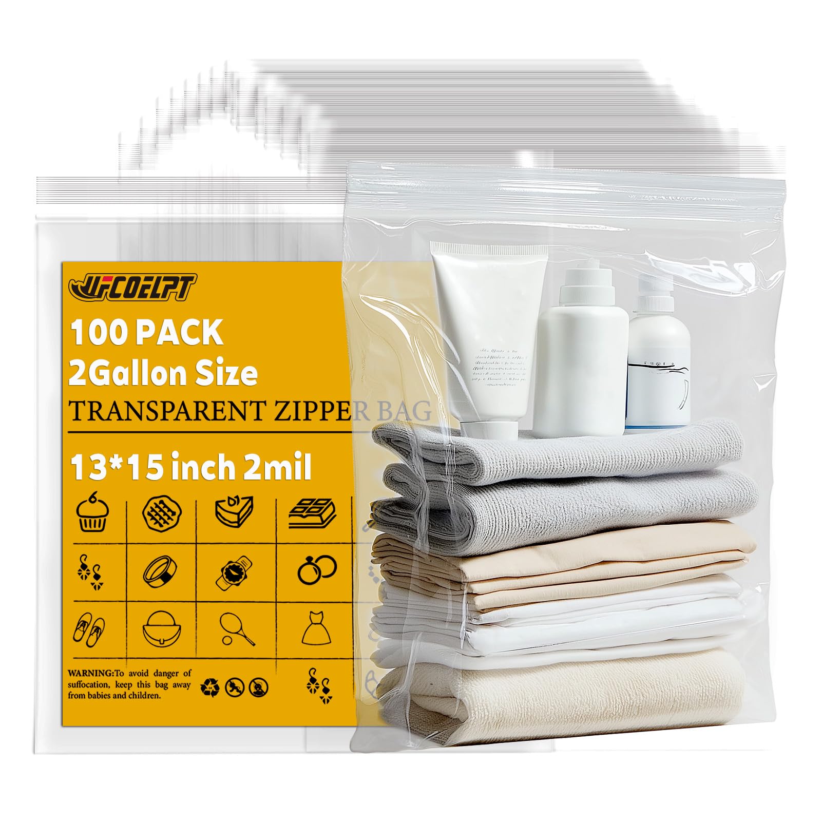 100 Count 2 Gallon Zip Storage Bags 13"×15", Reclosable Food Grade 2mil Plastic Zipper Bags for Storage, Packing and Shipping