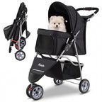 PETSITE 3-Wheel Pet Stroller, Foldable Dog Strollers for Small Dogs with Breathable Mesh, Waterproof Cover, All-Terrain Wheels, Cup Holder, and Storage Basket, Ideal for Dogs Cats up to 33 lbs (Black)
