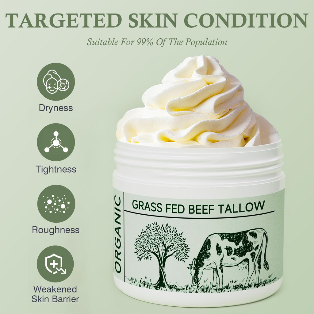 Beef Tallow, Tallow Face Moisturizer, Beef Tallow for Skin, Unscented 100% Organic Beef Tallow Blam Grass Fed Finished Whipped Tallow Face Cream Moisturizer Body Lotion Skin Care for Sensitive Skin