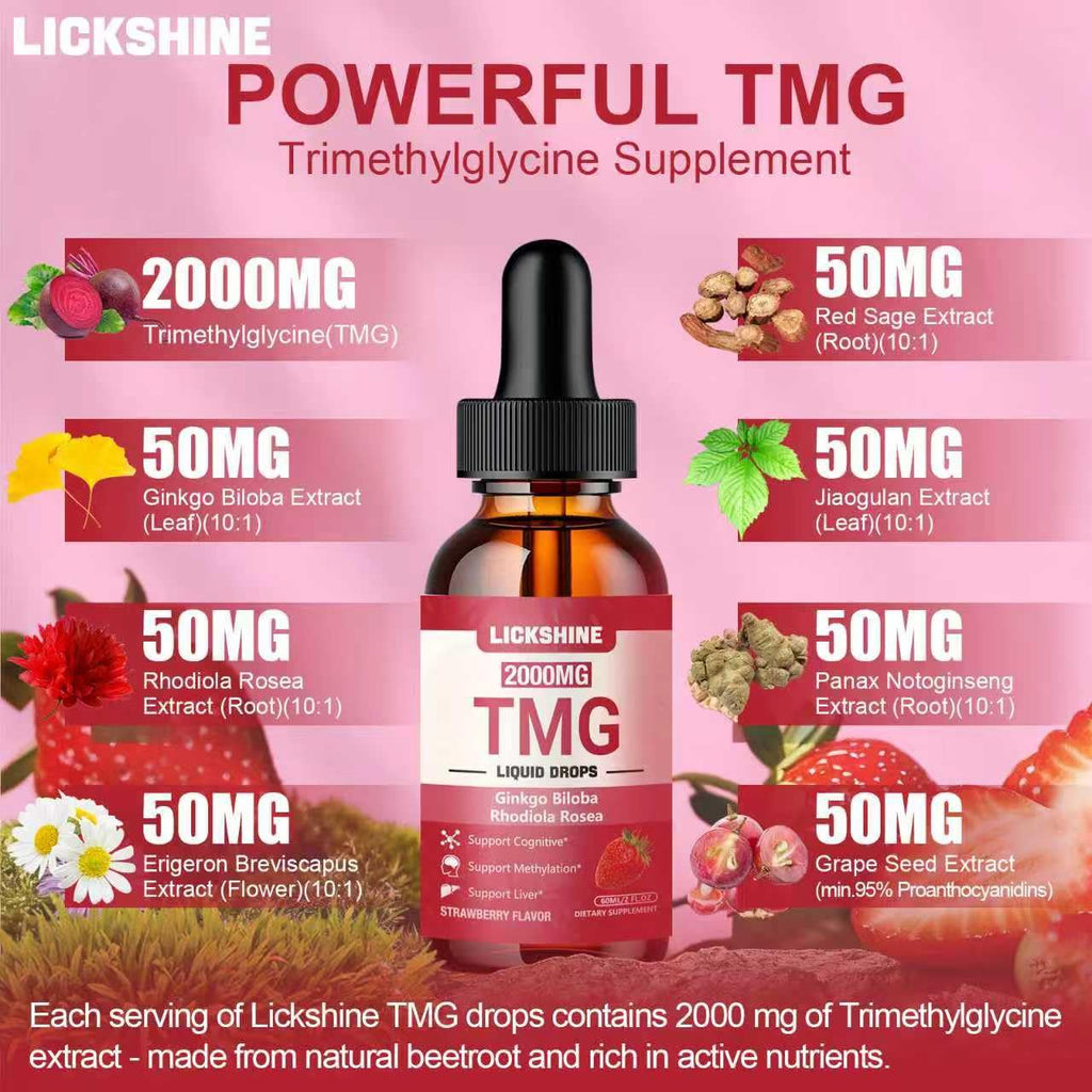 lickshine 1 Packs 2000MG TMG Suupplements Liquid Drops - Trimethylglycine, Ginkgo Biloba, Rhodiola Rosea & Vitamins B, High Absorption, Brain Function - Strawberry Flavor 2 Fl.Oz