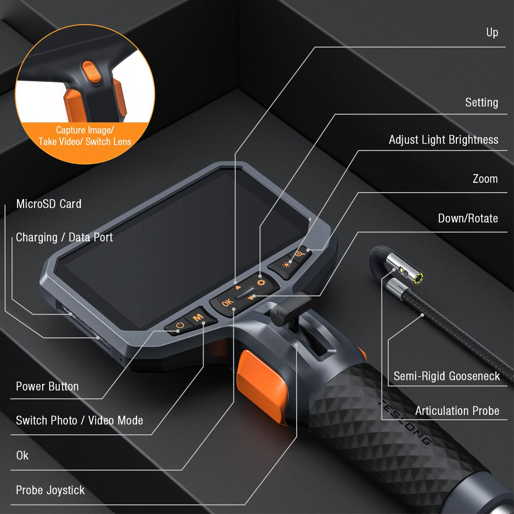 Articulating Borescope with Dual Lens Endoscope Camera, Teslong Two-Way Articulated Industrial Inspection Camera with LED Light, Flexible Mechanic Fiber Optic Snake Scope Cam for Wall Automotive-5FT