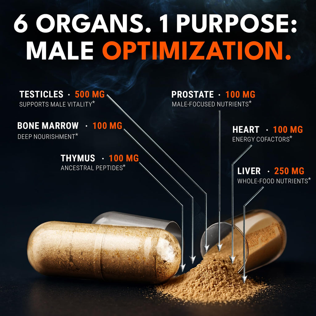 Ironclad Nutrition Beef Organ Supplement for Men - 100% Grass Fed Finished Bull Complex for Men’s Health - Freeze Dried Non-GMO Bovine Testes, Liver, Thymus, Pancreas, Heart, Bone Marrow, 120 Capsules