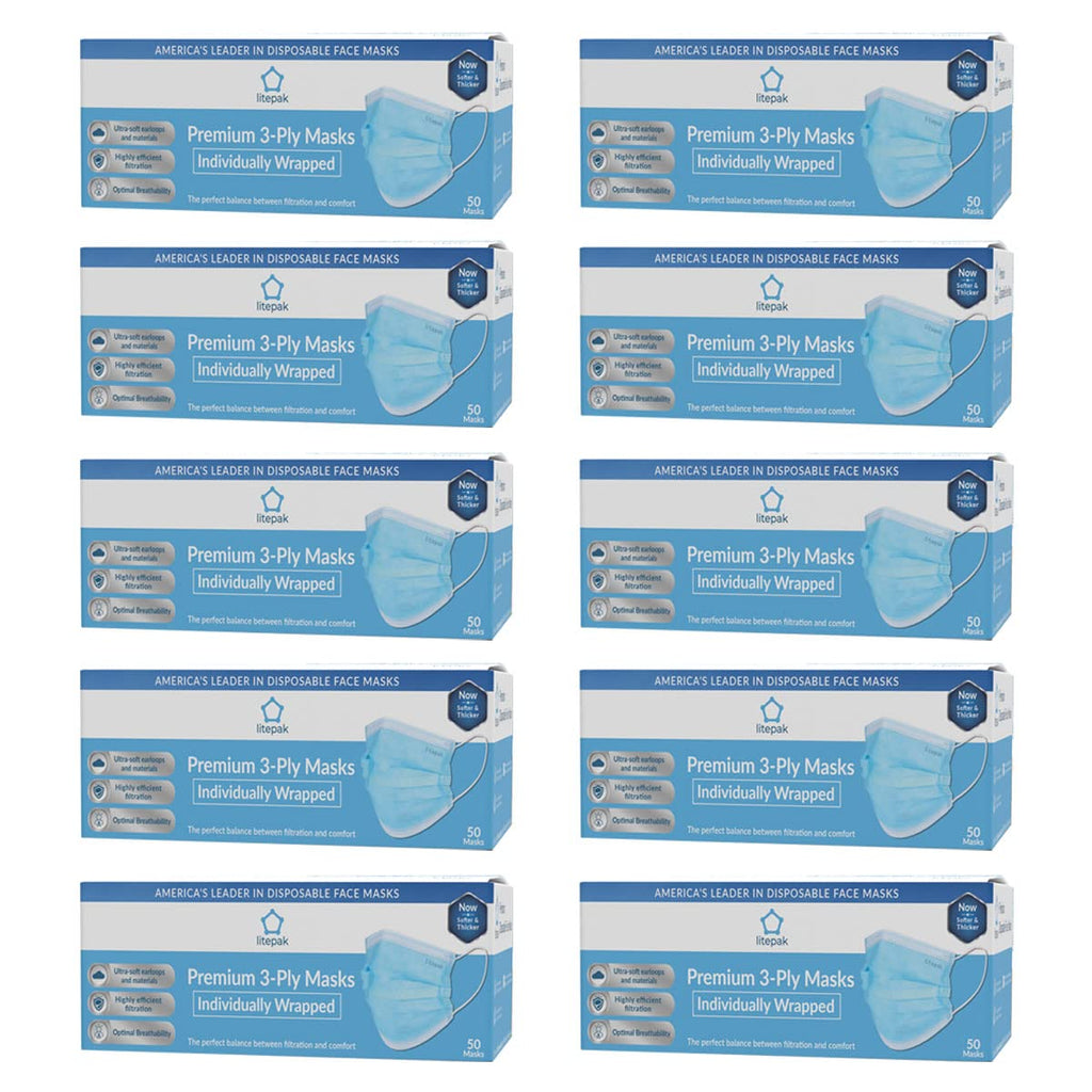 Litepak 500pcs Premium Disposable Face Mask SOFT 3ply - Individually Wrapped