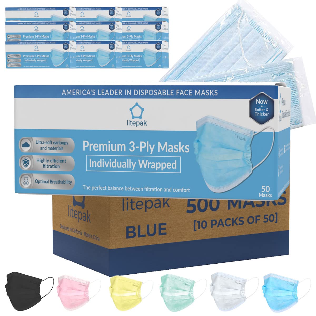 Litepak 500pcs Premium Disposable Face Mask SOFT 3ply - Individually Wrapped